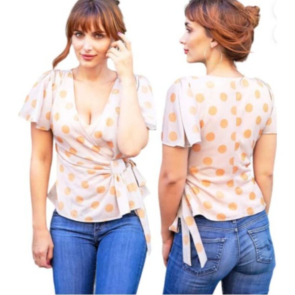 Anthropologie Shimmer Polka Dot‎ Wrap Top Size Medium Light Pink & Orange NWT